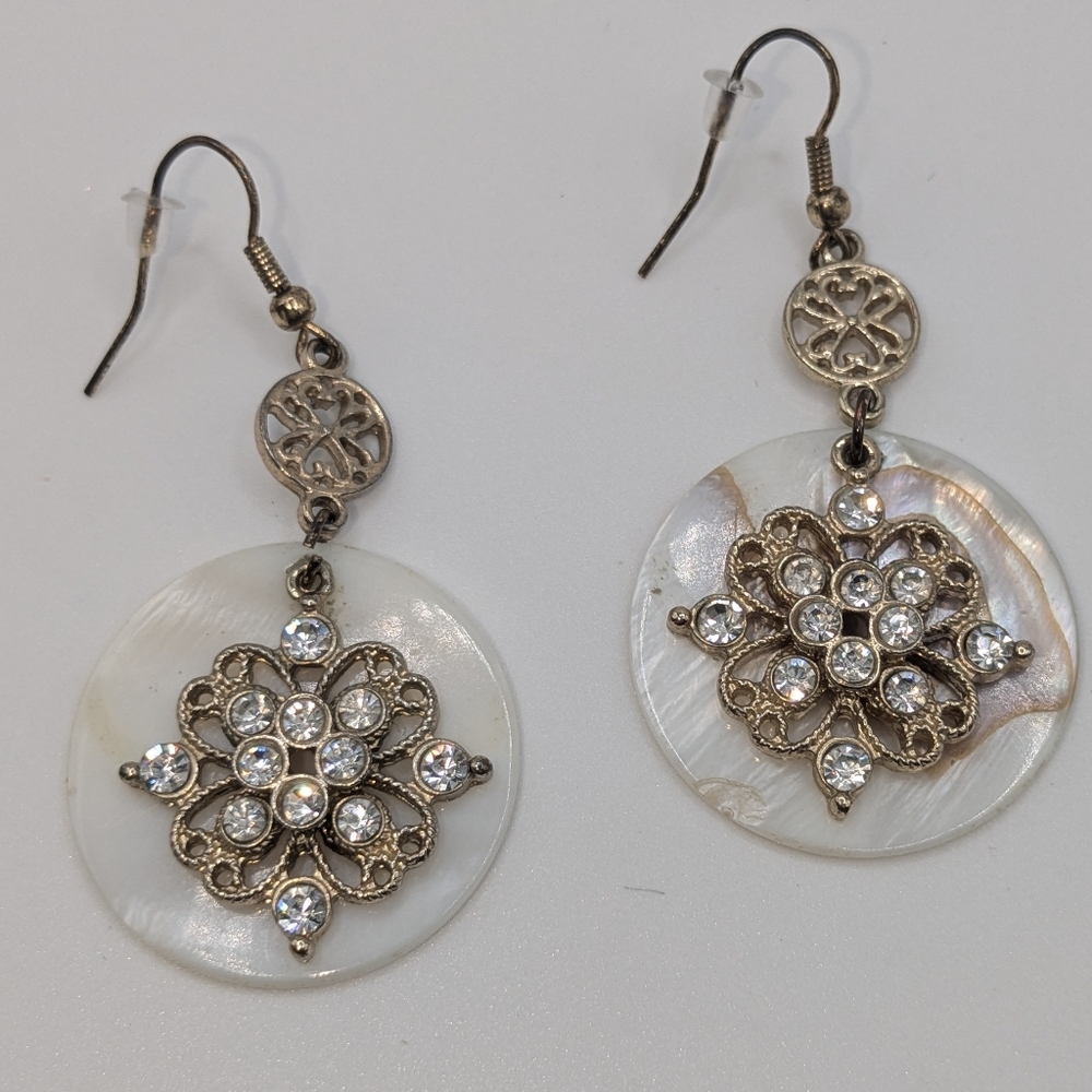 Vintage Mother Of Pearl Rhinestone Dangle Earrings Boho Coastal